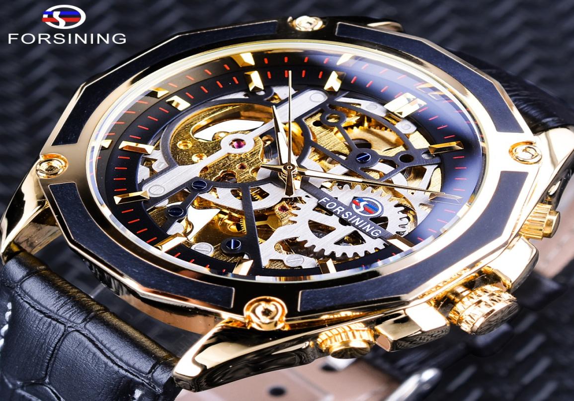 Forsining Transparent Case Gear Movement Steampunk Men Automatic Skeleton Watch Top Brand Open Work Design Self Winding