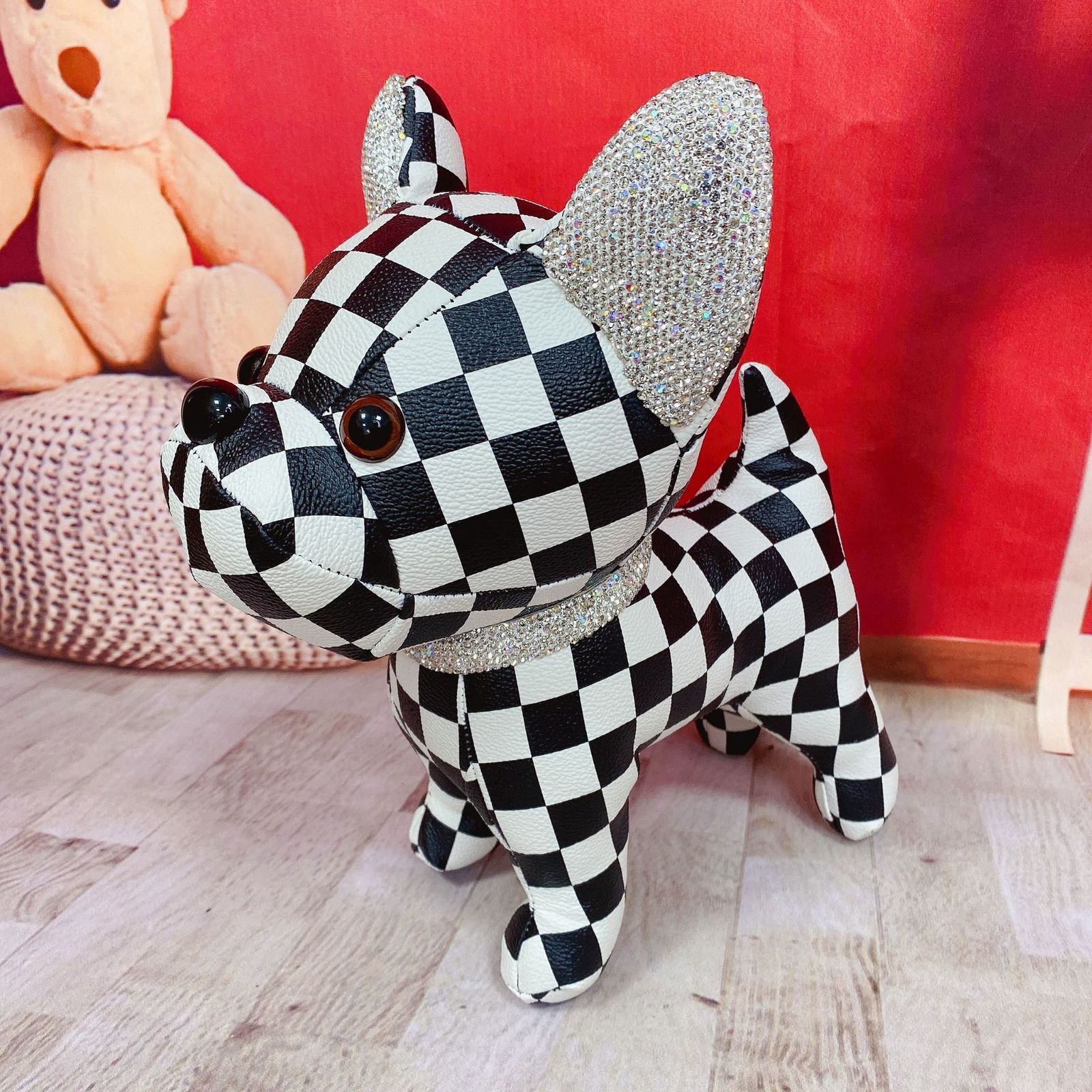 Decorative Objects Figurines Cute Diamond-studded Dog Plush Toy Creative French Fighting Dog Doll Pillow Living Room Decoration Home Decoration 230404