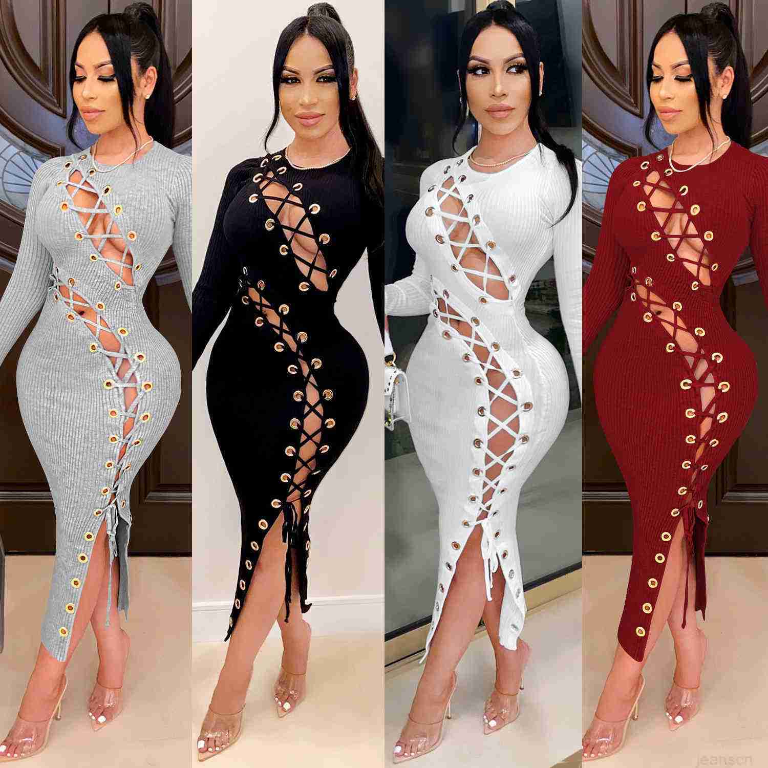 New 2024 Women Autumn And Winter Solid Color Long Sleeve Bandage Dress Sexy Hollow Out Halter Ladies Club Party Dresses