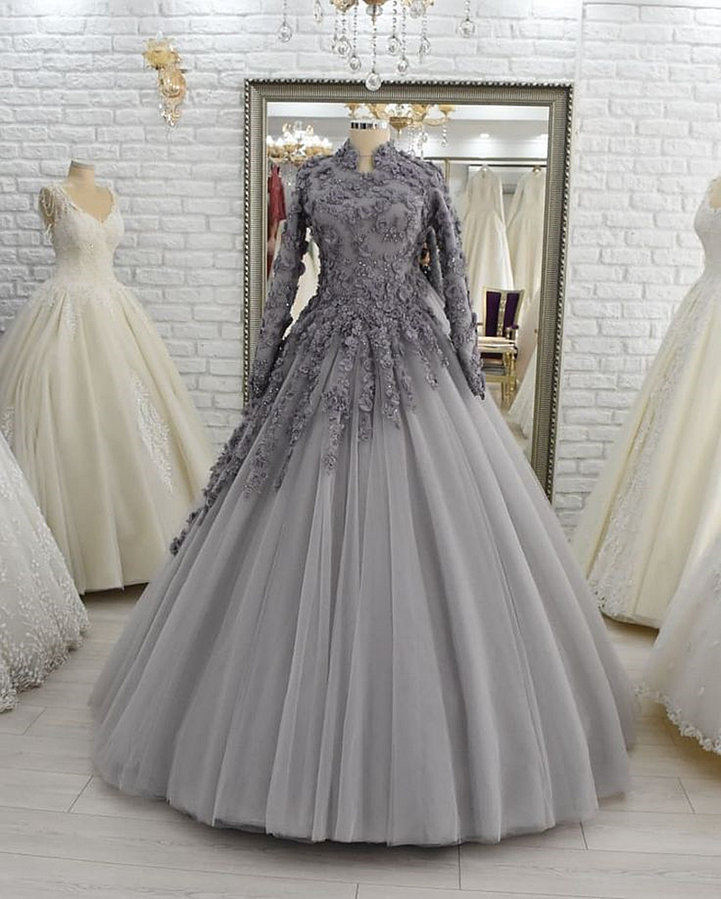 Elegant Arabic Mulsim Tulle Prom Dresses With 3D Floral Lace Applique Light Gray Long Sleeves Ball Gown Evening Gowns Floor Length Bride Engagement Re