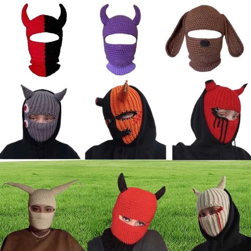 Cycling Caps Masks Halloween Funny Horns Creative Knitted Hat Beanies Warm Full Face Cover Ski Mask Hat Windproof Balaclava Hat fo