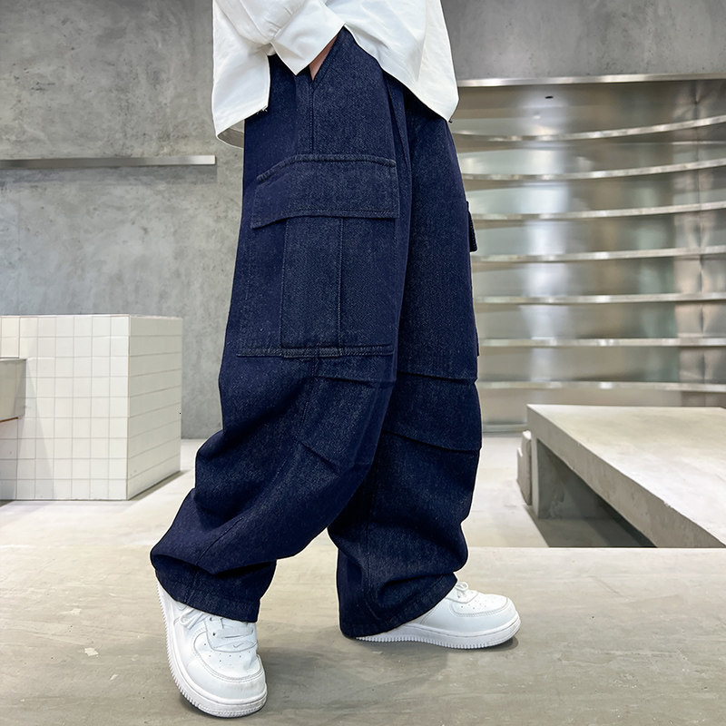 Jeans Teenage Boys' Wide Leg Pants Korean Style Fashion Spring Summer Autumn Pure Cotton Straight Jeans Children's Casual Deep Blue Denim Tr