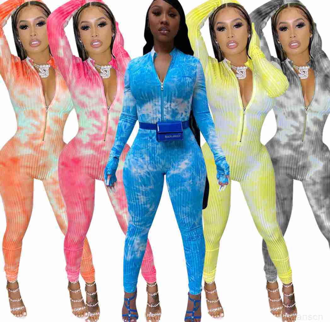 New Sexy Womens dresses Onesies Desinger Jumpsuit Rompers Tie Dyed Print Slim Long Sleeve Zipper Ladies Casual Pant One Piece Clothing
