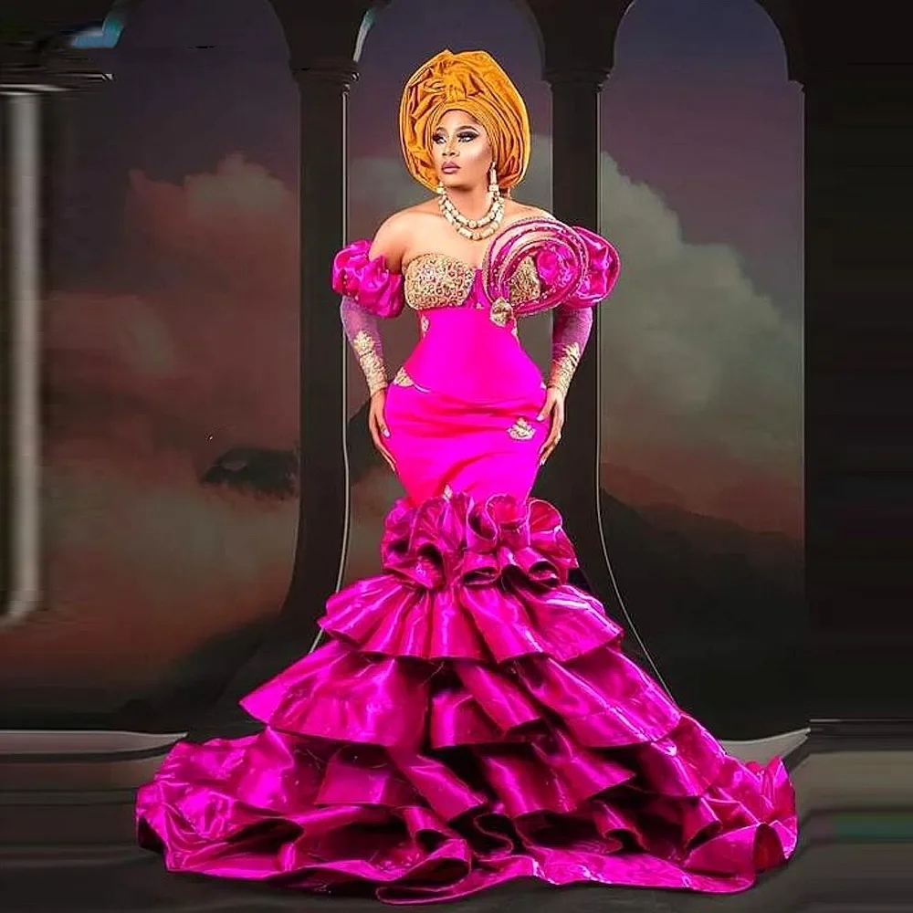 Elegant Hot Pink Ruffels Train Prom Party Dresses For Arabic Women 2024 Aso Ebi Style Crystal Beading Black Girl Special Ocn Gowns