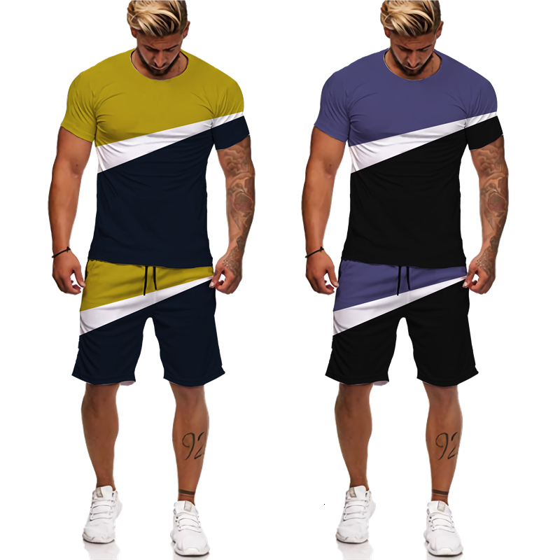 Men's Tracksuits Summer Printed Patchwork Casual Men's Tees/Shorts/Suit Short Sleeve T-Shirt Couple Sportswear Two Piece Set Casual Tracksui