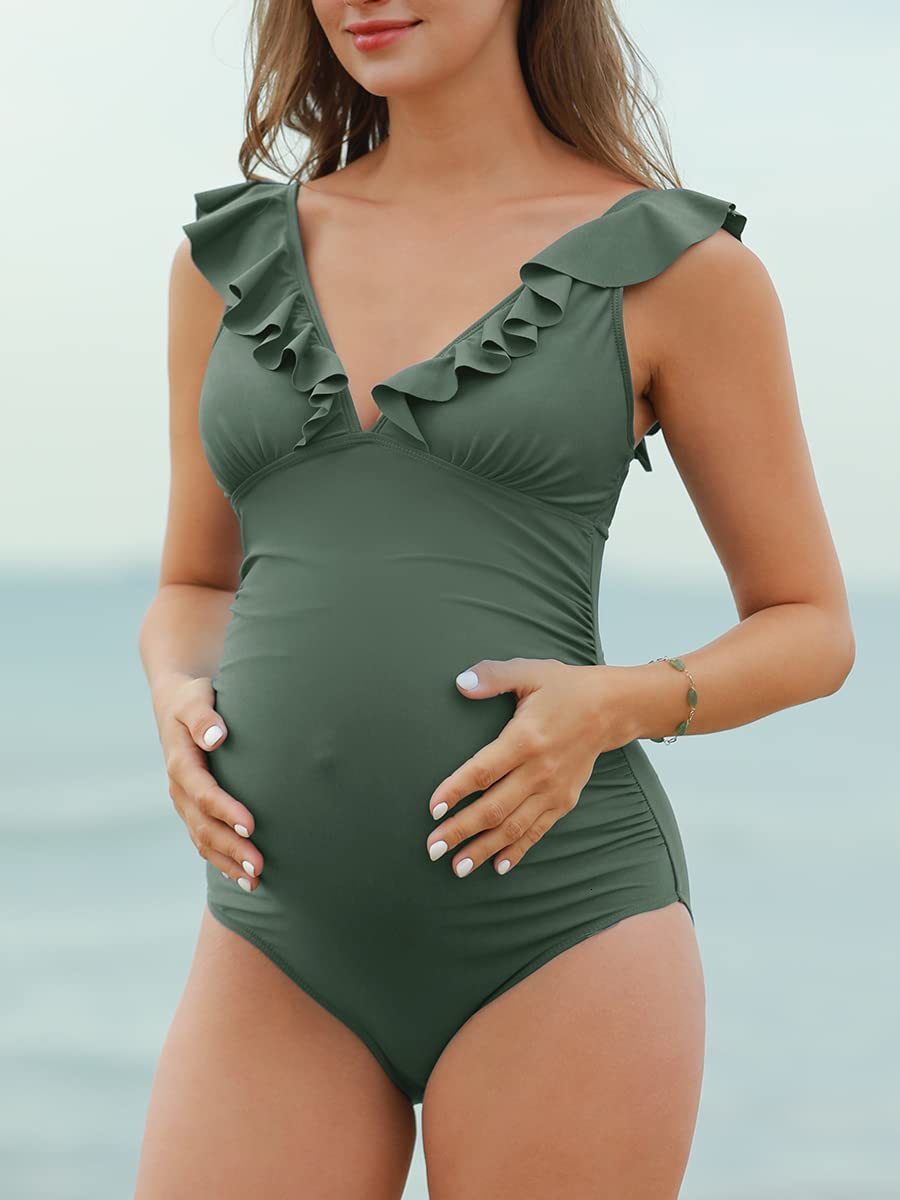 Maternity Swimwears Maternity Swimsuit Ruffle V Neck Swimwear Lace Up Back Bathing Suit Monokini Maternity Beach Bikini SPA 230404
