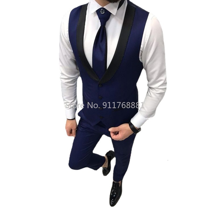 Men's Suits Blazers Men's Set Navy Blue Slim Fit Wedding Formal Dress Groom Dress Evening Dress 3 Pieces Beauty Party Jacket Trousers Vest 2