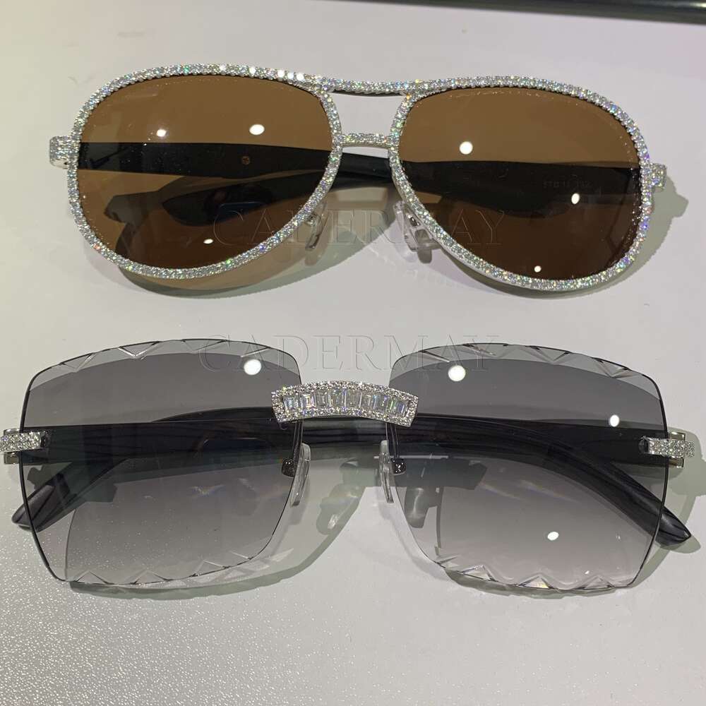 Hot Selg sier Baguette Moissanite Sun Glasses Dia Men Rimless Metal Purple Lens Sunglasses