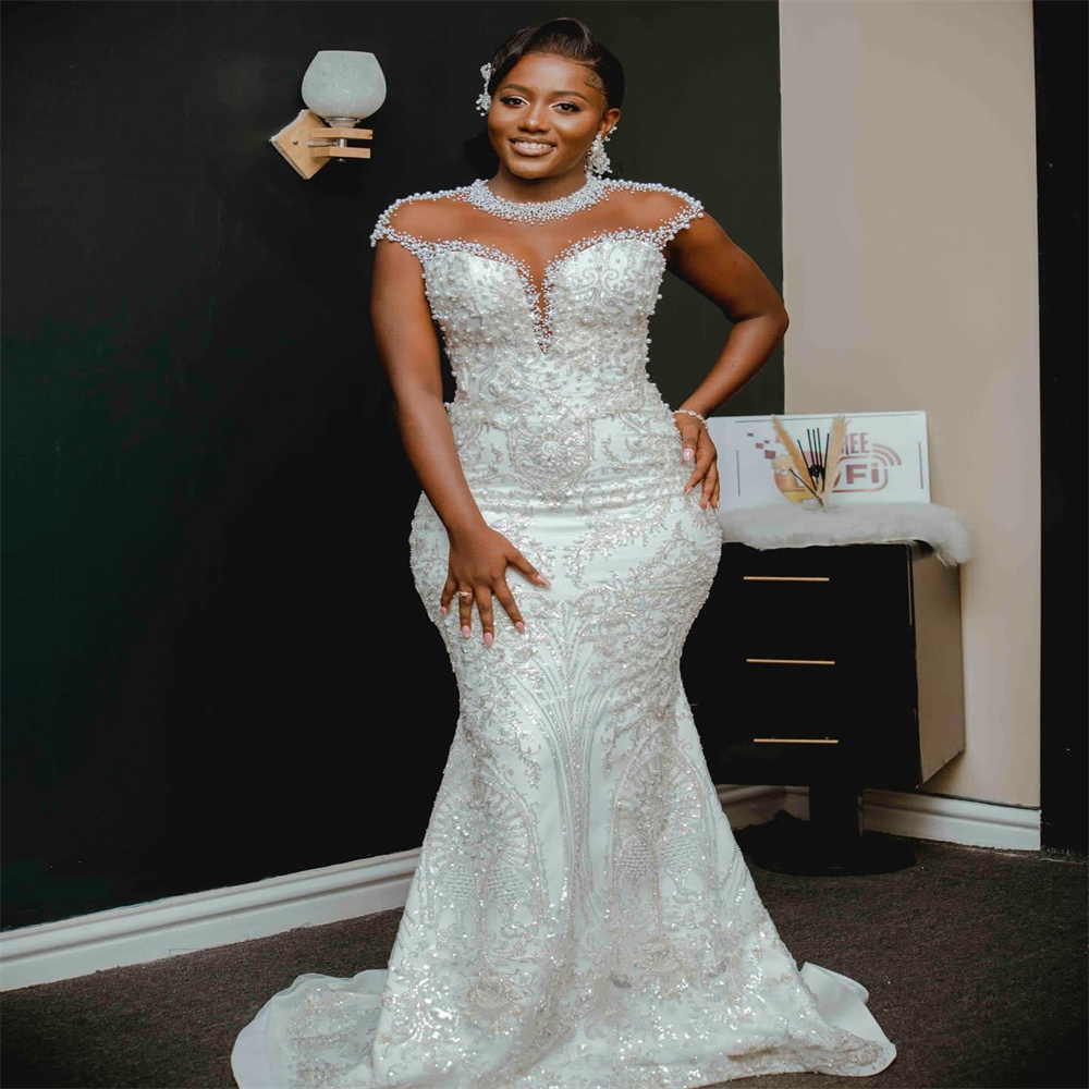 2023 Nov Arabic Aso Ebi Plus Size White Mermaid Wedding Dress Pearls Sequined Lace Detachable Train Bridal Gowns Dresses ZJ505