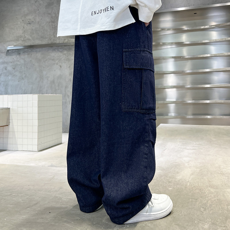 Jeans Teenage Boys' Wide Leg Pants Korean Style Fashion Spring Summer Autumn Pure Cotton Straight Jeans Children's Casual Deep Blue Denim Tr