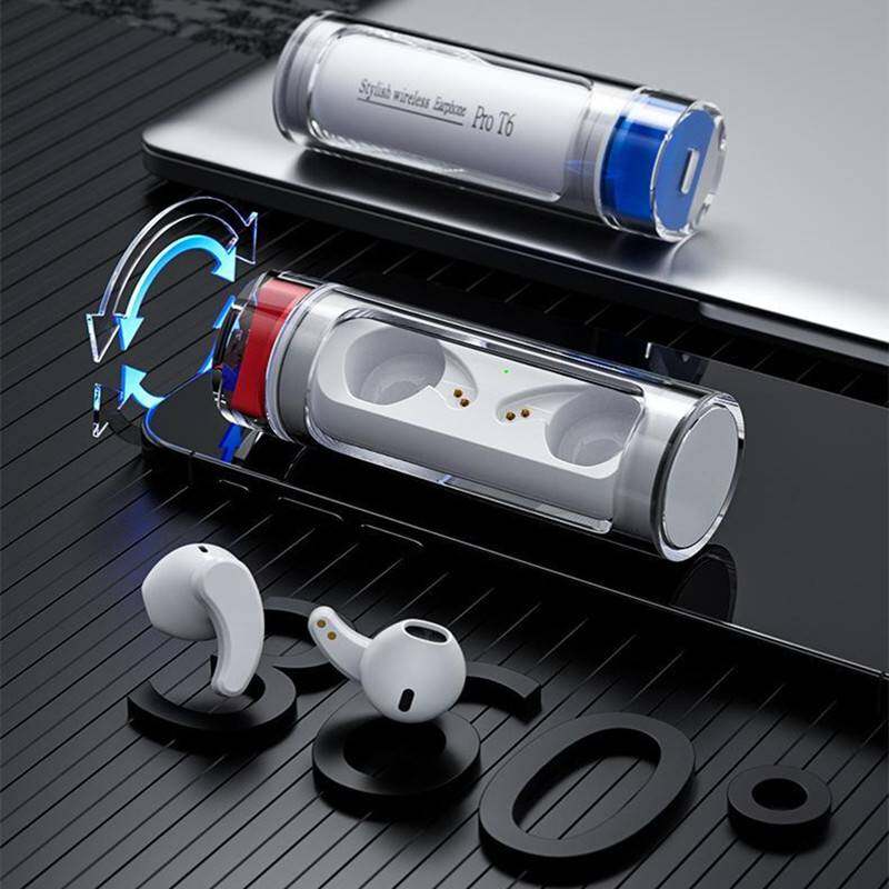 TWS 5.3 PRO T6 Earbuds Rotating Spacecraft Transparent Bluetooth Earphones Wireless Bluetooth headset with charging box