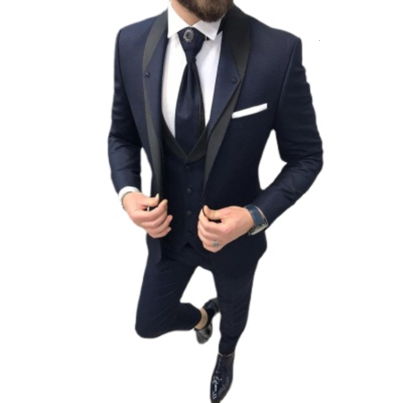 Men's Suits Blazers Men's Set Navy Blue Slim Fit Wedding Formal Dress Groom Dress Evening Dress 3 Pieces Beauty Party Jacket Trousers Vest 2