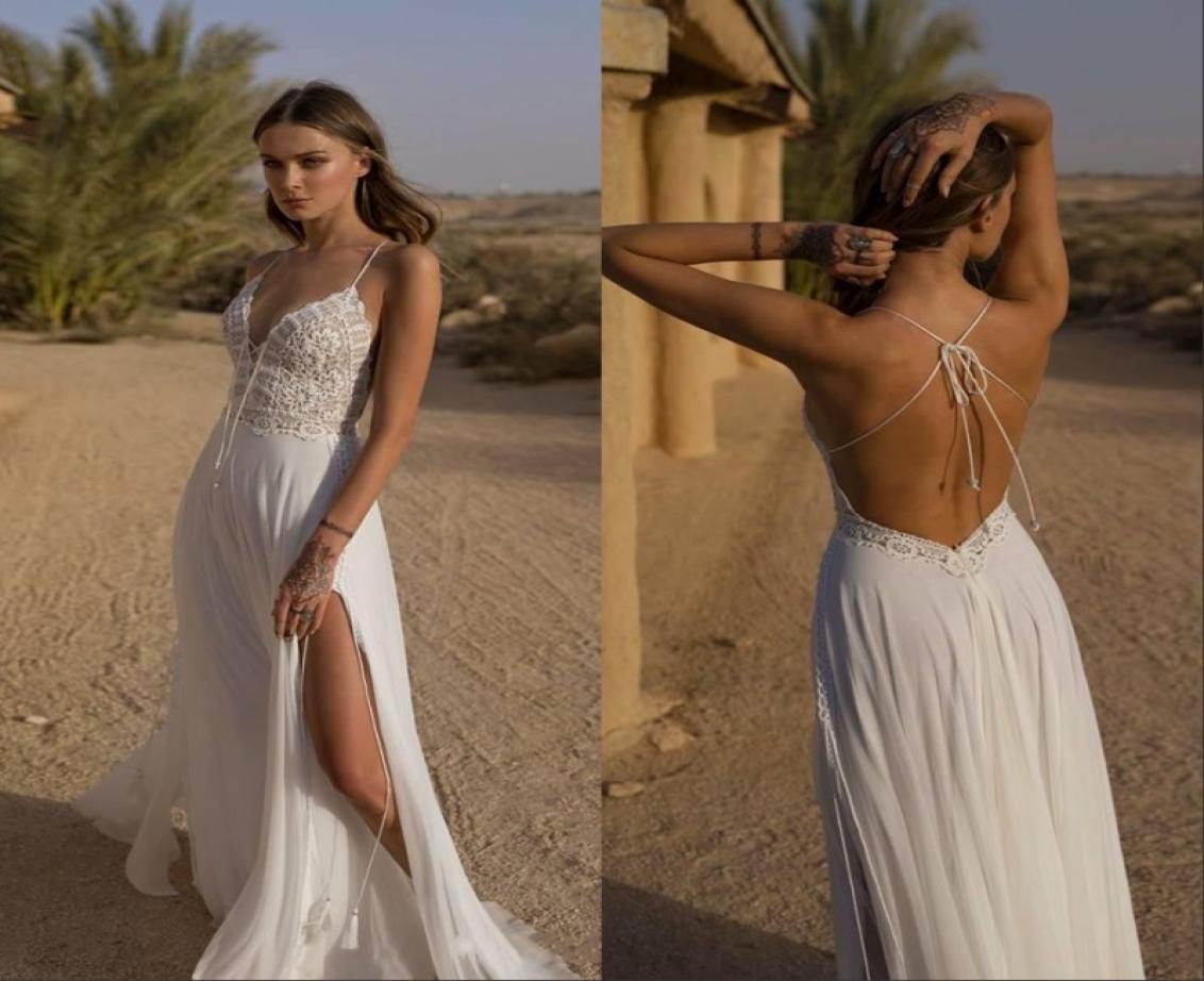 Custom Made Summer Boho Wedding Dresses Spaghetti Lace Chiffon Thigh High Slit Beach Bridal Gowns Wedding Dress