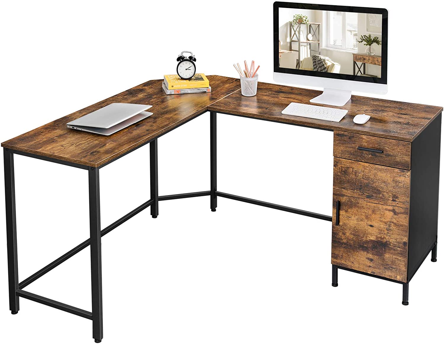 

L-Shaped Computer Desk with Cabinet and Drawer, Corner Desk, Study, Home Office, Space-Saving, Steel, Industrial, 53.9 x 59.1 x 29.5 Inches, Rustic Brown and Black