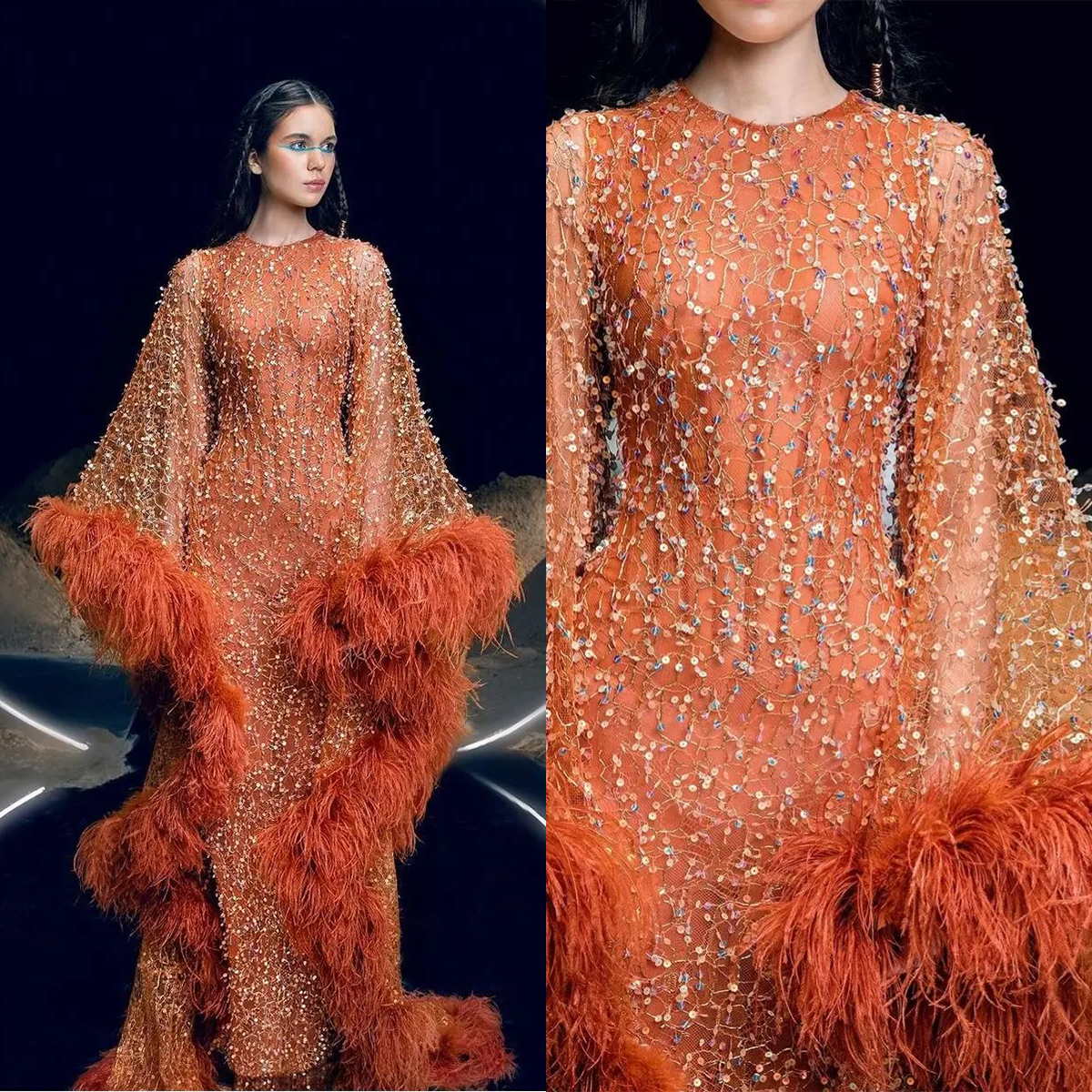 Gorgeous Mermaid Prom Dresses Jewel Tulle Unique Cute Applicants Sequins Long Sleeves Feathers Zipper Floor Length Custom Made Party Dress Vestido De 