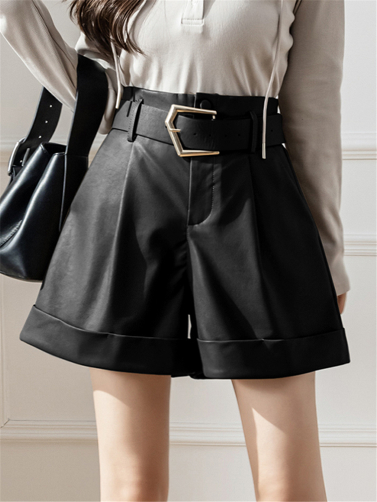 Women's Shorts Seoulish Green PU Faxu Women's leather shorts with belt autumn winter wide leg pants women's casual office pants 230406