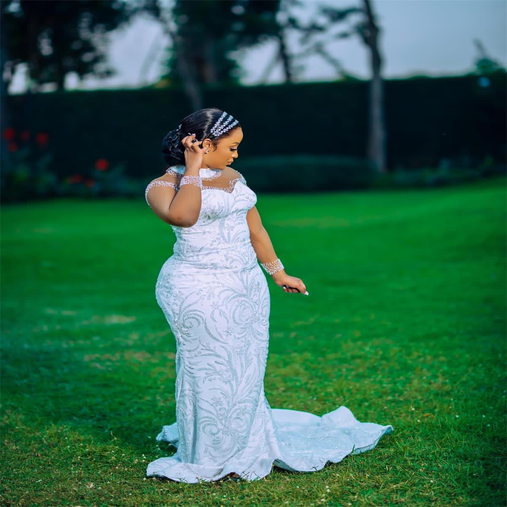 2023 Nov Arabic Aso Ebi Plus Size Sequined Lace Mermaid Wedding Dress Sheer Neck Beaded Bridal Gowns Dresses ZJ561