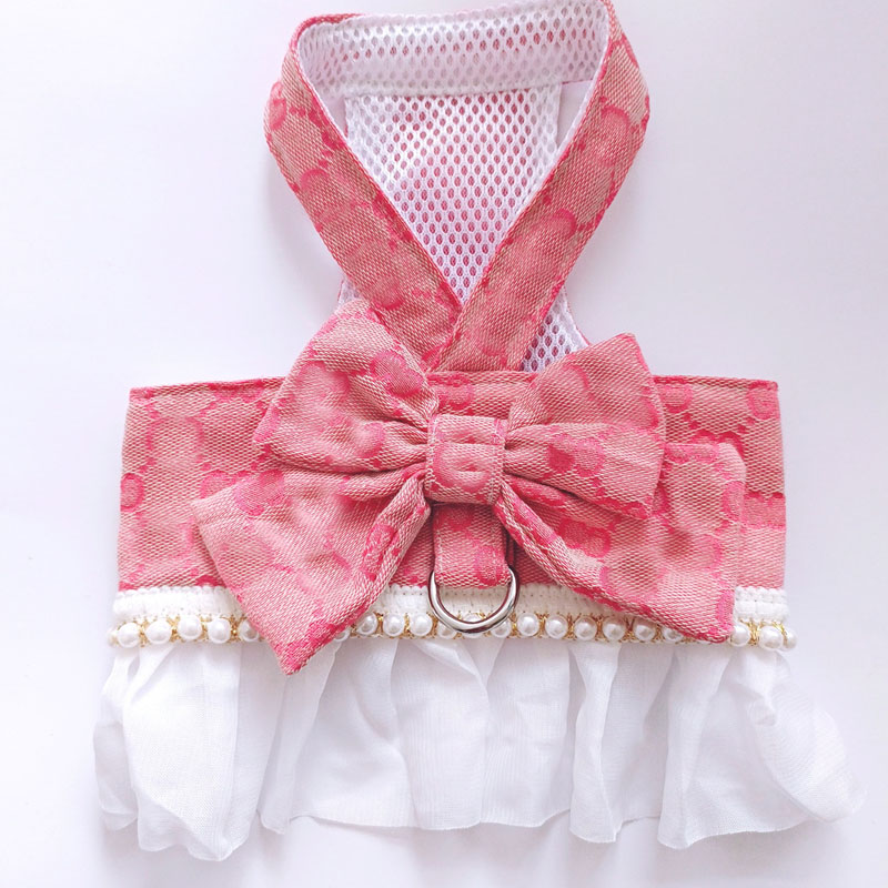 Bow Designer Knot No Pull Pet Classic Letter Pattern With D-Ring Soft Mesh Dog Dress Escape Proof Princess Puppy Harness For Small Dogs Cats