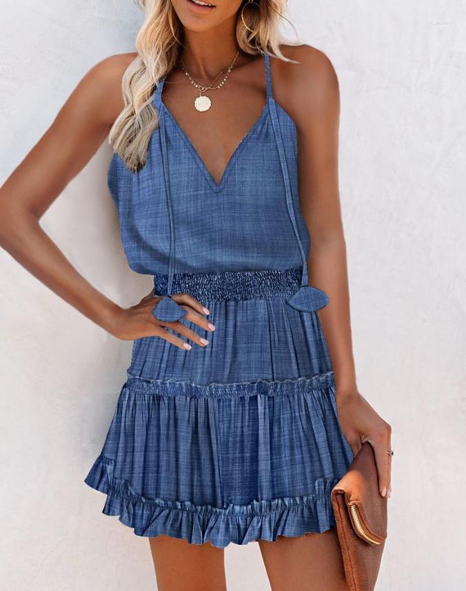 

Casual Dresses For Women 2023 Summer Vacation Daily V-Neck Ruffle Hem Shirred Waist Female Sweet Mini A Line Cami Dress Vestidos