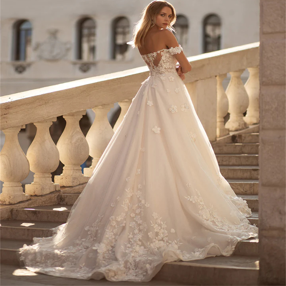 Modern Off the Shoulder A Line Wedding Dresses Long Sleeve 3D Lace Appliques Bridal Gown Backless Pastrol Vestidos De Novia
