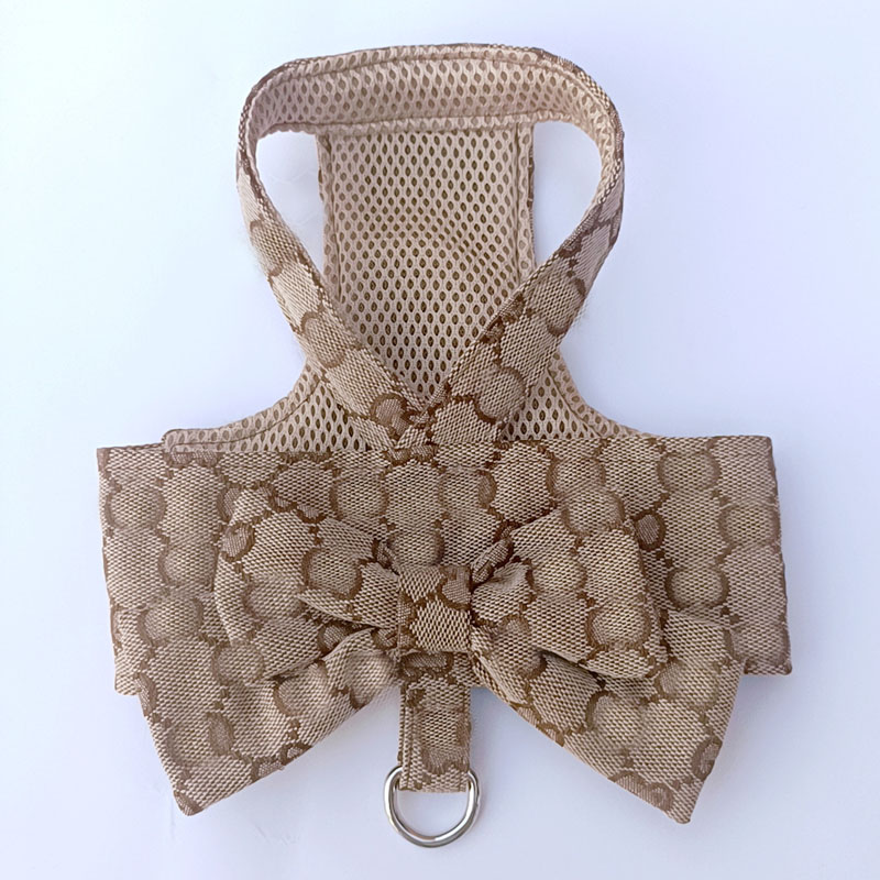 Bow Designer Knot No Pull Pet Classic Letter Pattern With D-Ring Soft Mesh Dog Dress Escape Proof Princess Puppy Harness For Small Dogs Cats
