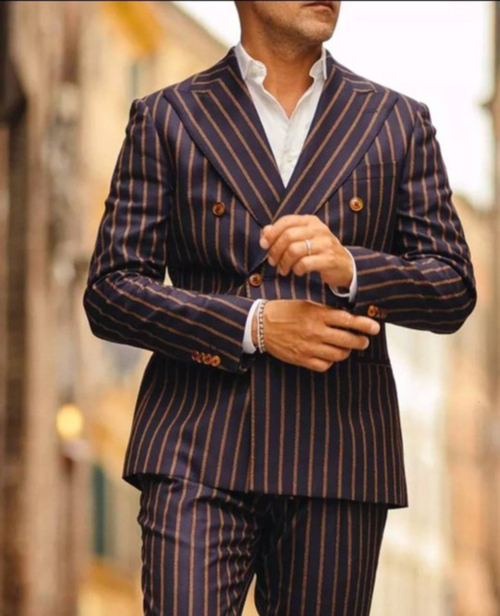 Men's Suits Blazers Wedding Men's Ultrathin Fit Double Breast Strips Customized Large Elegant Men's 2-Piece Set 230406