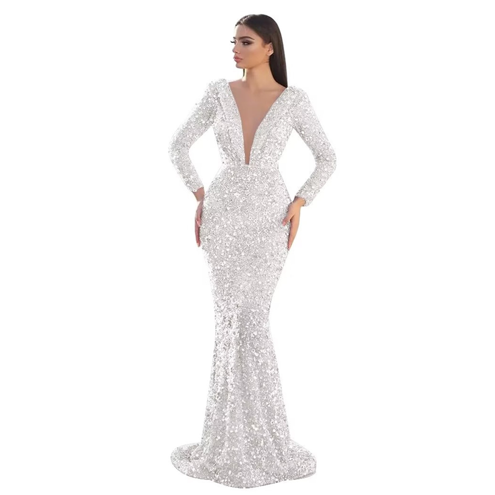 Evening Glitter Mermaid Dresses Beading Sequins Long Sleeve Prom Gowns Deep V Neck Party Second Reception Dress 6660306