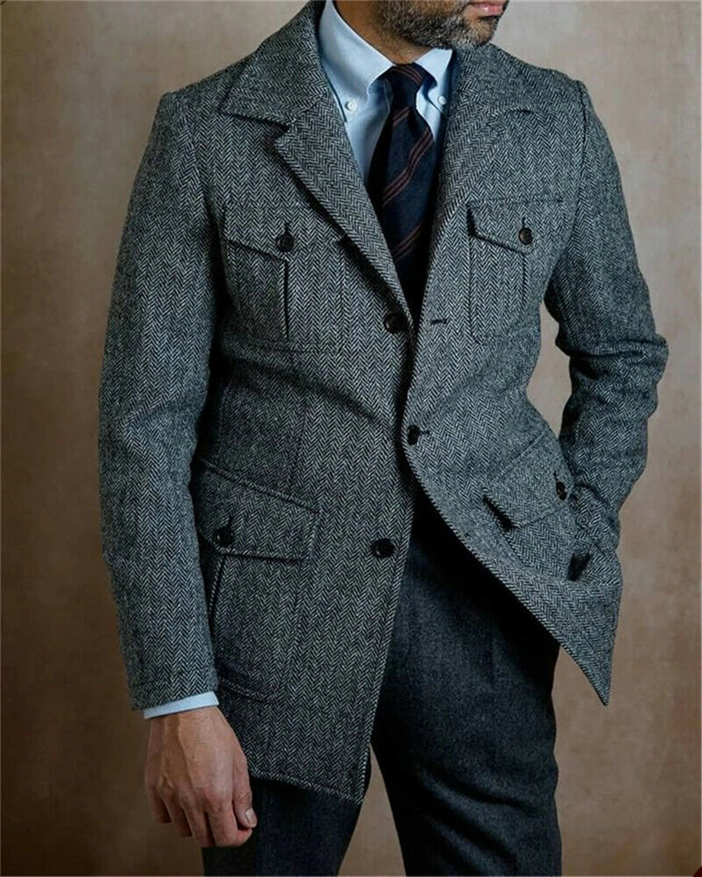 Men Tweed Groom Tuxedos Wedding Jacket Prom Evening Winter Warm Wear One Piece Blazer
