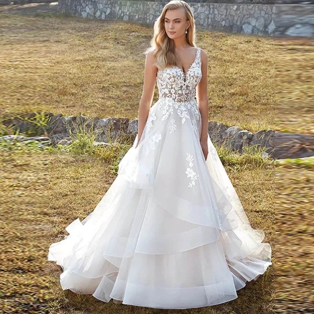 A Line V Neck Wedding Dress Ruched Long Sleeveless Bridal Gowns Floor Length Bride Dress Robe De Mariee