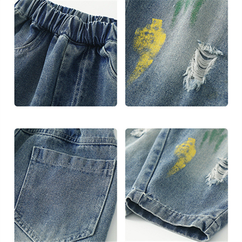 Jeans Boys Jeans Spring Autumn Children's Trousers Loose Fashion Painting Ripped Hole Toddler Korean Kids Casual Denim Pants 4-13Years 230413