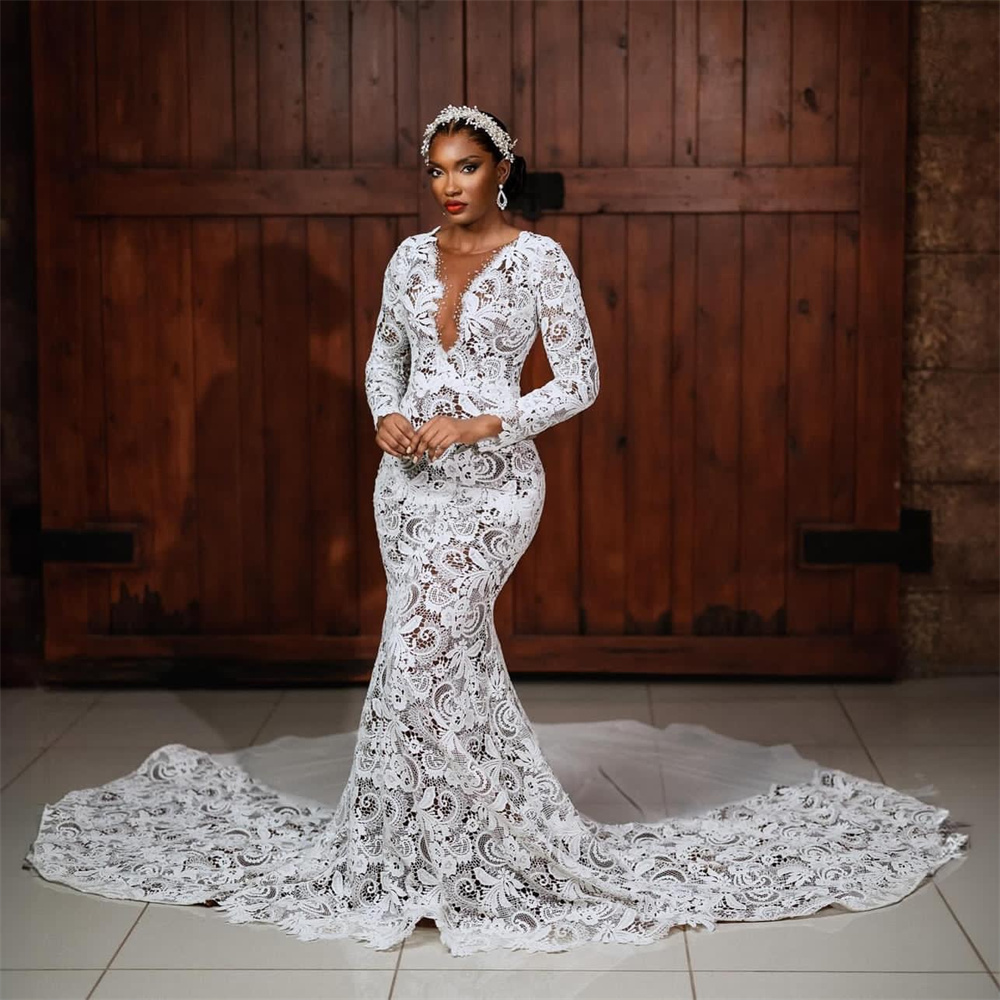 2023 Nov Arabic Aso Ebi Plus Size Lace Mermaid White Wedding Dress Beaded See Through Bridal Gowns Dresses ZJ222