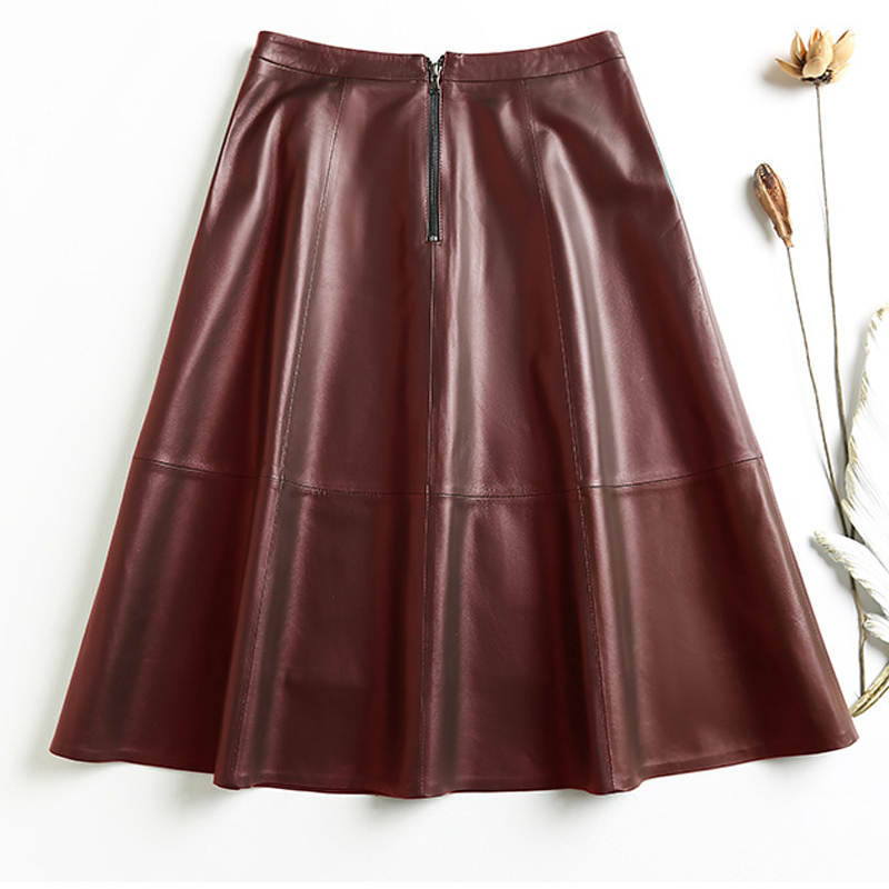 Skirts Vintage Ropa Winter Women's Leather Thin A-line Pleated Leather Women's Wine Red/Black 65cm Long Jupe Drone Leisure Etek Steel 230406