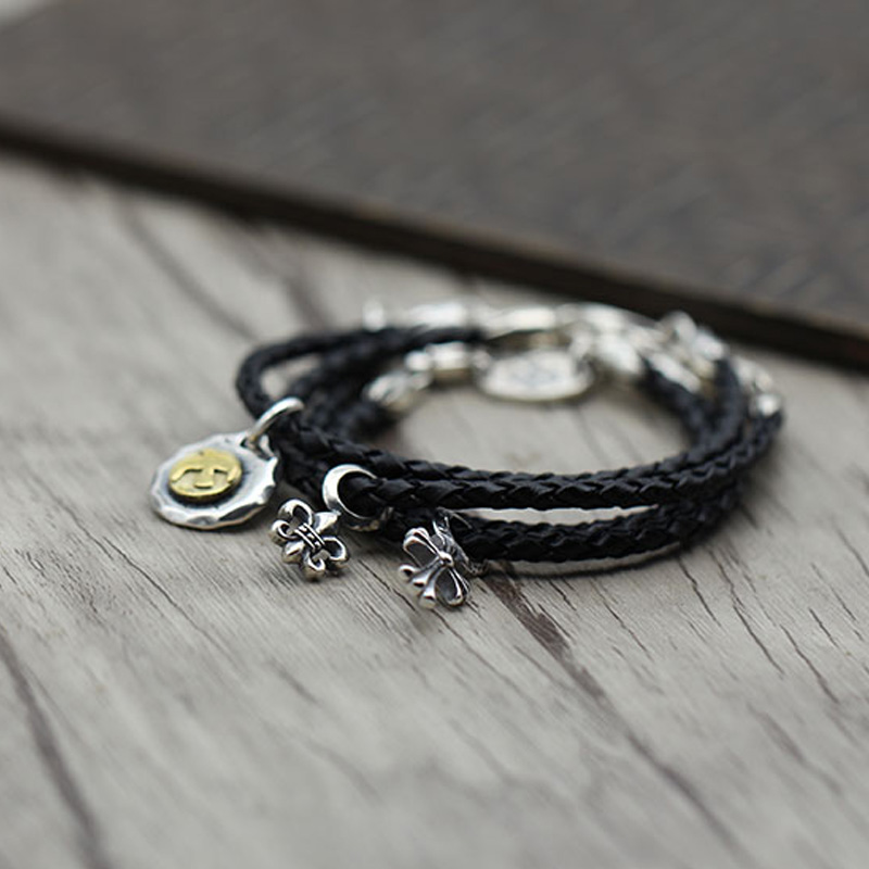 D6 S925 Sterling Silver Bracelet Trend Black Leather Bracelet Cross Flower Letter Personalized Punk Hip Hop Jewelry Style Gift for Lovers