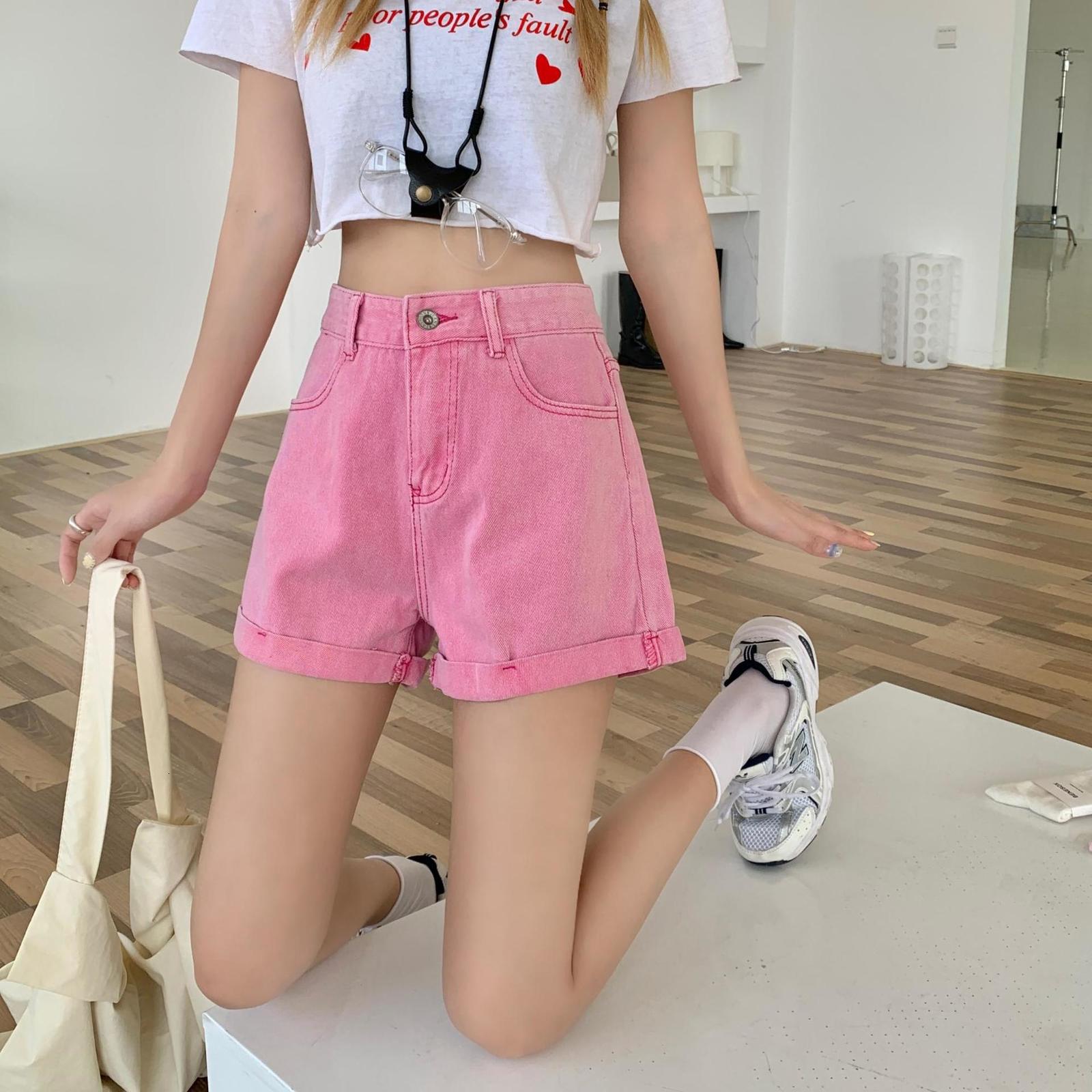 Women's Shorts Summer Women's Pink Purple Shorts Sweet Girl High Waist Straight Denim Shorts Casual Fit Cute Jeans Shorts 230406
