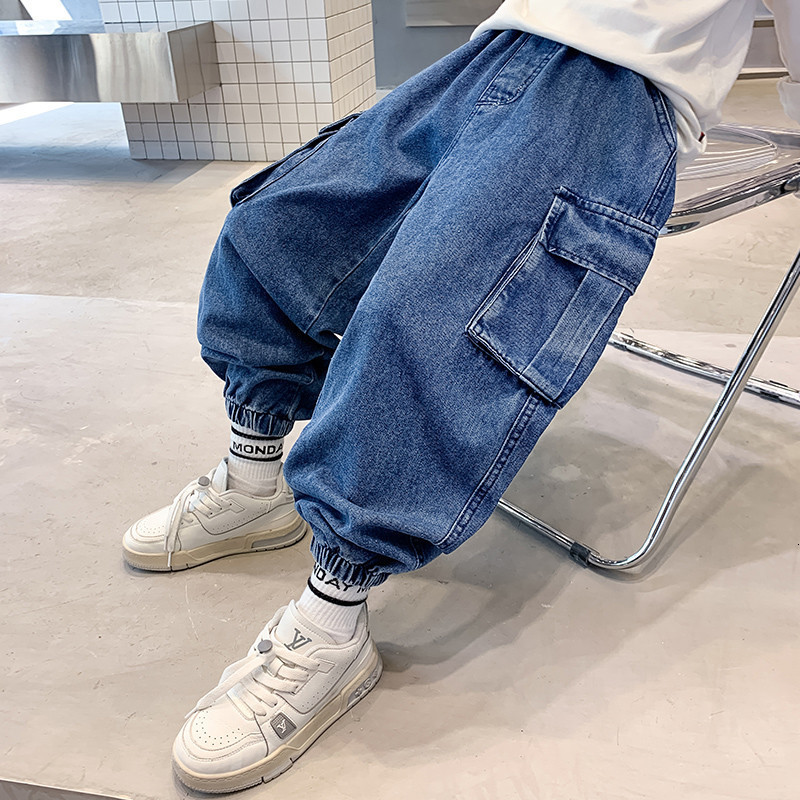 Jeans Spring Cool Boy Blue Loose Straight Leg Backyard Jeans Children's Goods denim Trousers with Pockets 5 7 9 11 13 14Y 230406