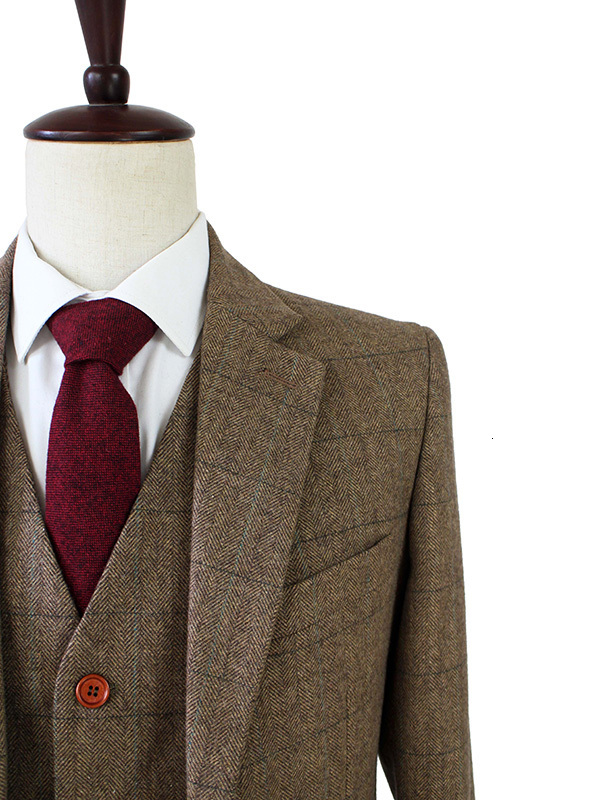 Men's Suits Blazers Men's retro wool brown herringbone lace wedding dress customized men's 3-piece jacket 230406