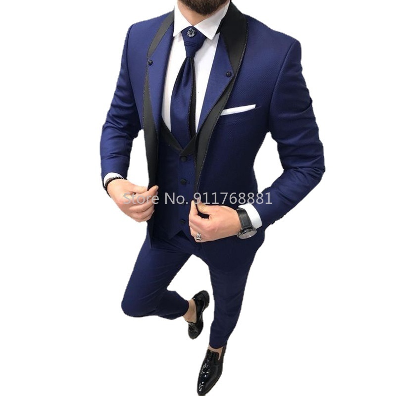 Men's Suits Blazers Men's Set Navy Blue Slim Fit Wedding Formal Dress Groom Dress Evening Dress 3 Pieces Beauty Party Jacket Trousers Vest 2