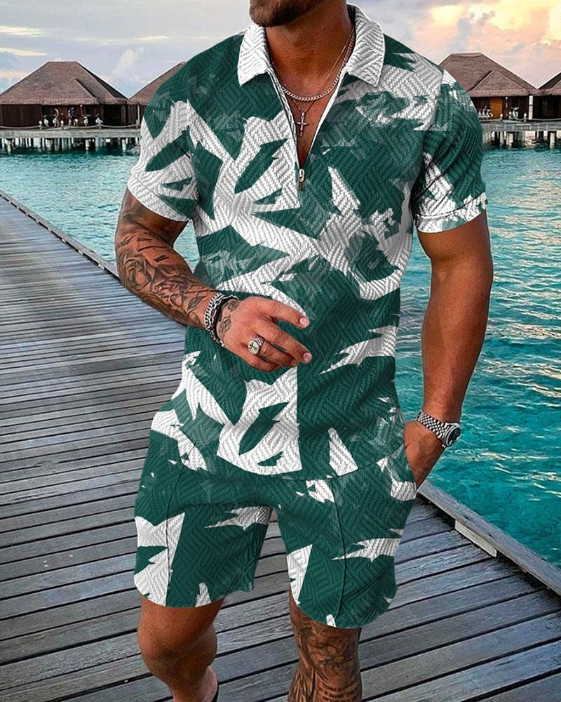 Men's Tracksuits Summer Hawaiian Athletic Wear Polo Shirt 2-Piece Set for Men's Business Fashion Casual Print True Down Neck Men's Wear