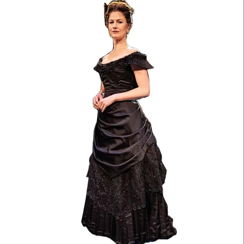 Vintage Victorian Black Evening Dresses 2024 Ruched Beaded Medieval Formal Occasion Dress For Women Scoop Neck Short Sleeves Long Elegant Retro Prom G