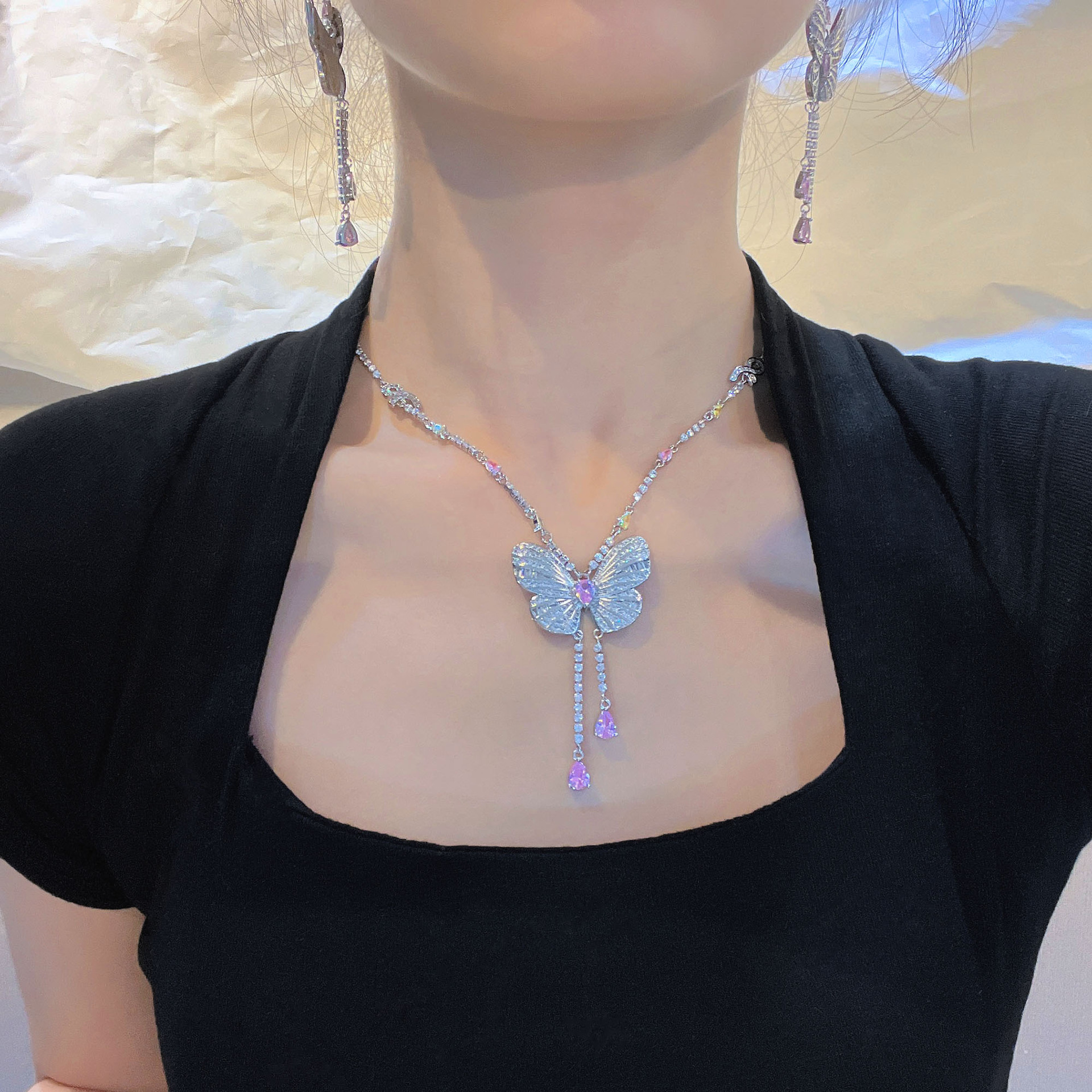 Butterfly Lab Diamond Jewelry set 925 Sterling Silver Party Wedding Earrings Chocker Necklace For Women Bridal Gemstones Jewelry