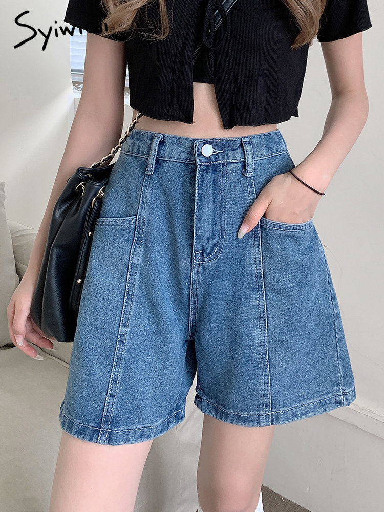 Women's Shorts Syiwidii denim Shorts Women's High Waist Jeans Retro Street Costume Patches Fashion Loose Pockets High Street Blue Shorts 230