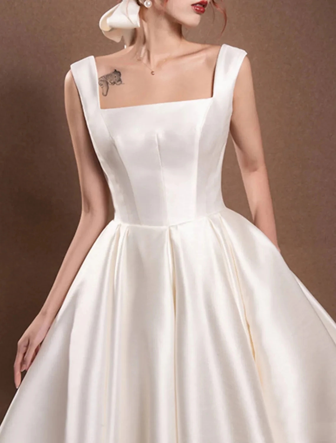 Elegant Little White Short Wedding Dress Square Neck Straps Ankle Length Satin With Bow Bride Party Gowns Vestido De Noiva