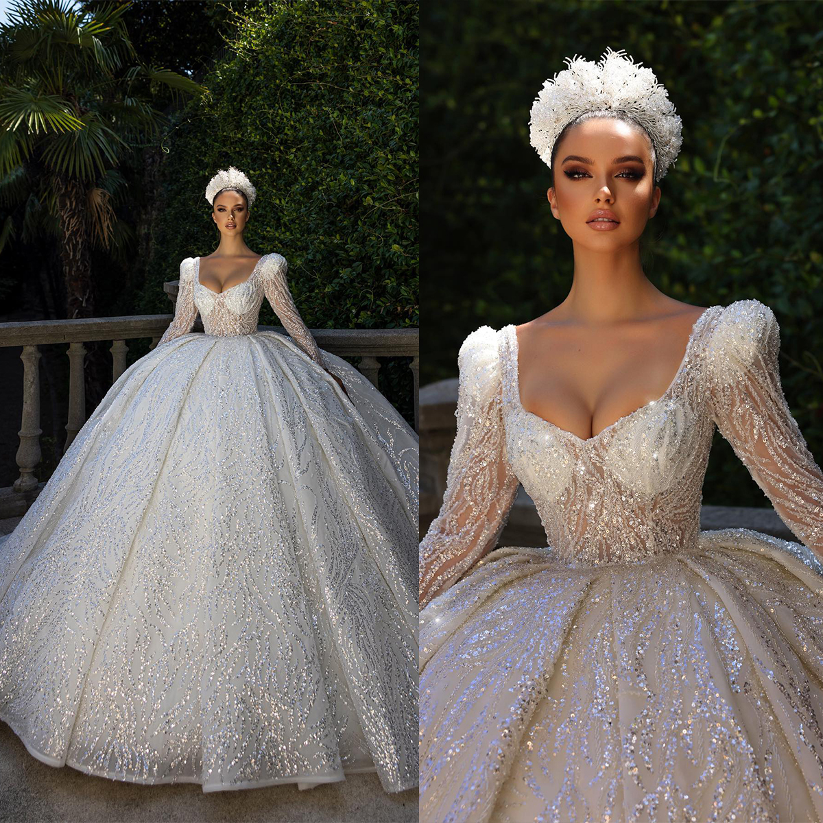 Gorgeous Ball Gown Wedding Dresses Square Long Sleeves Shining Stripe Applicants Shoulder Pad Chapel Gown Pleats Custom Made Bridal Gown Plus Size Ves