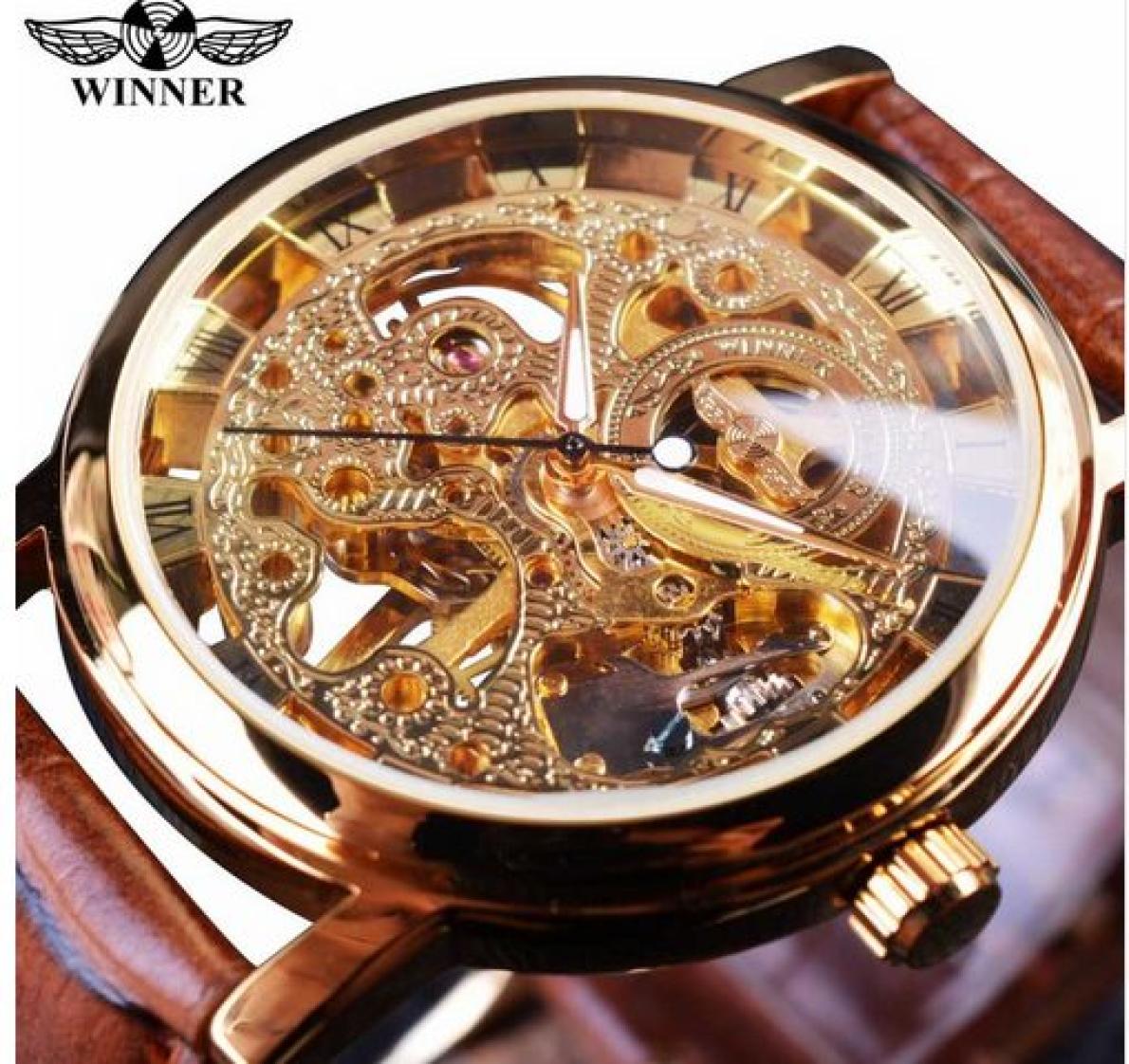 Winner Transparent Golden Case Luxury Casual Design Brown Leather Strap Mens Watches Top Brand Luxury Mechanical Skeleton Watch