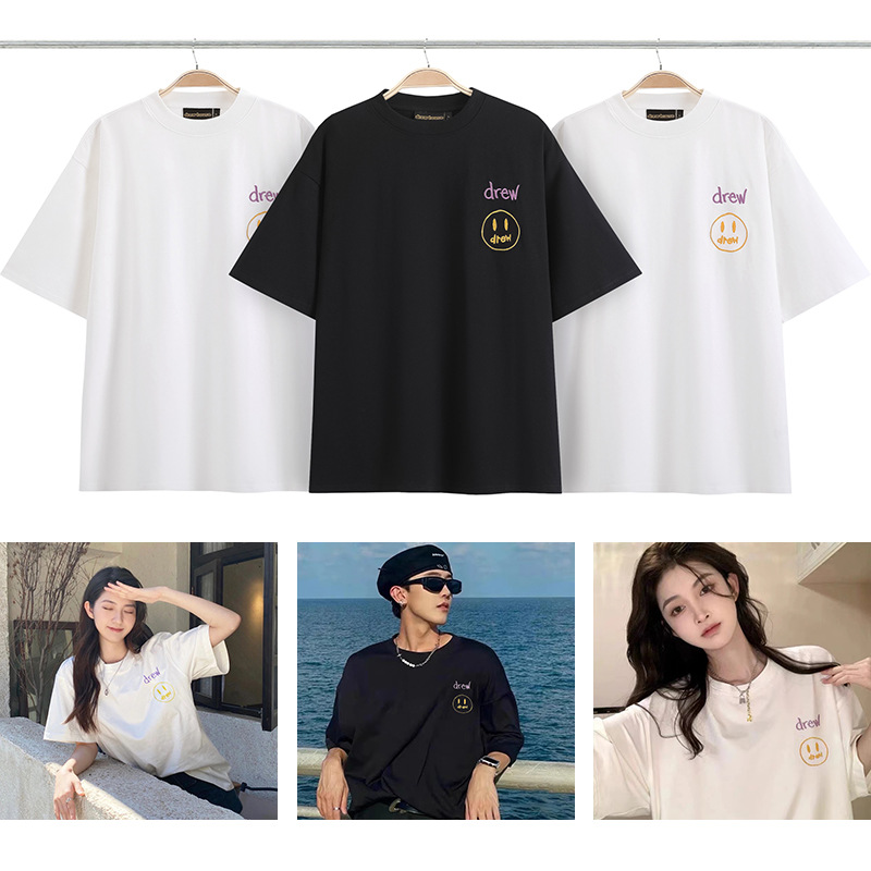 summer solid crewneck cotton loose men white draw face embroidery t shirt