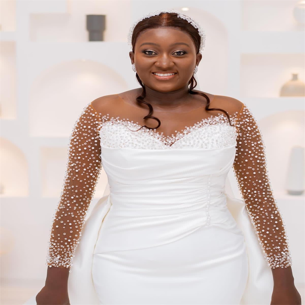 2023 Nov Arabic Aso Ebi Plus Size White Mermaid Wedding Dress Beaded Sheer Neck Detachable Train Bridal Gowns Dresses ZJ506