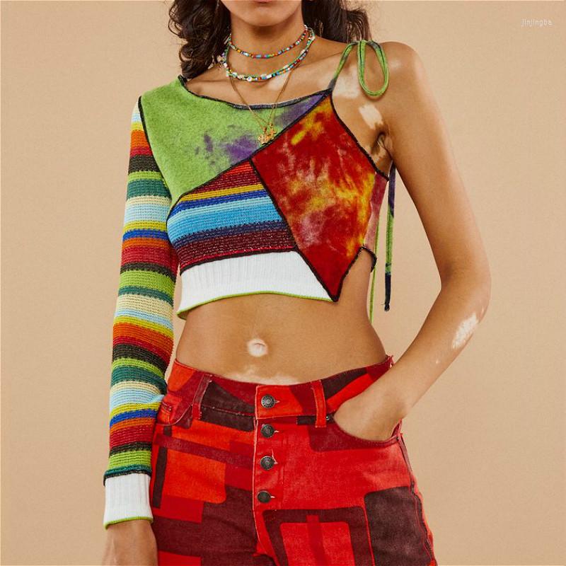 Women's T Shirts 2023 Women Color Block Knit T-shirt Crop Top Autumn One Shoulder Long Sleeve Sexy Tops Fashion Vintage Female