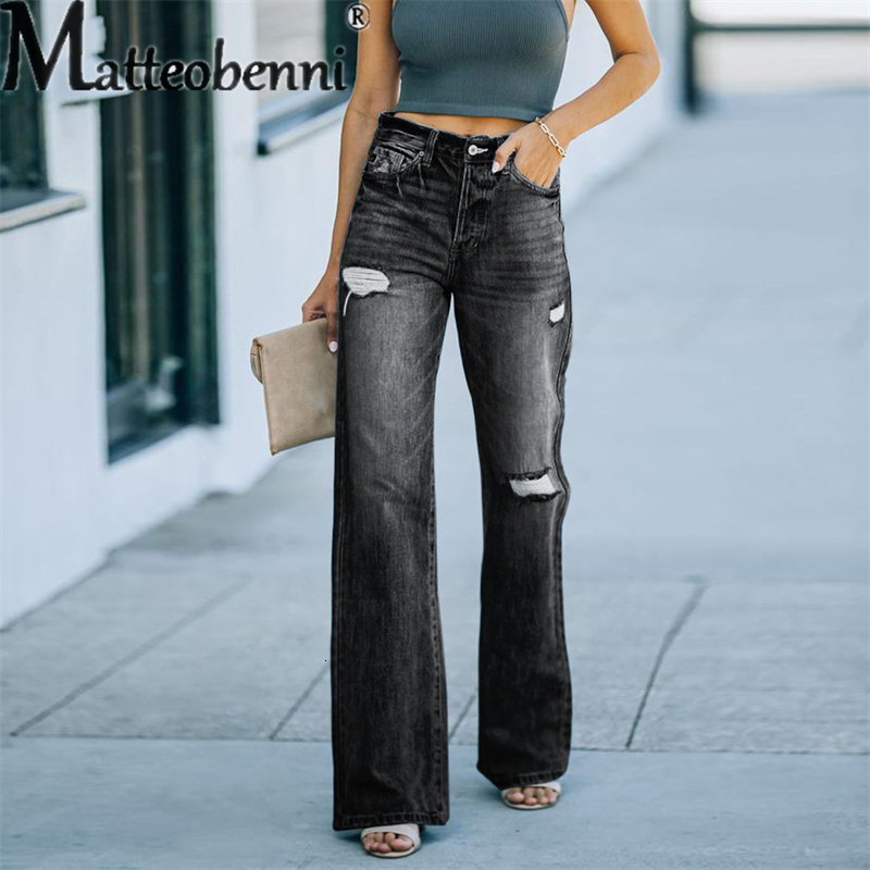 Women's Jean's High Waist Wide Leg Micro Flared Jeans Fashion Street Casual Broken Holes Splicing Button Denim Pants Female Trousers 23 2304