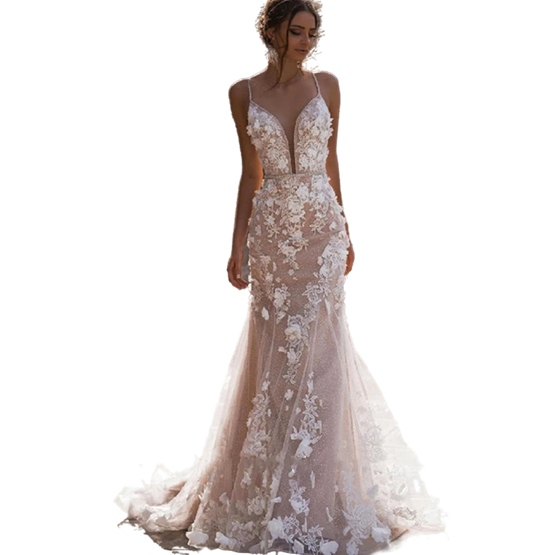 Bohemian Mermaid Wedding Dresses Spaghetti Straps Sexy V-neck 3D Flowers Lace Appliques Boho Beach Bride Gowns Backless Tulle Vestido De Noiva