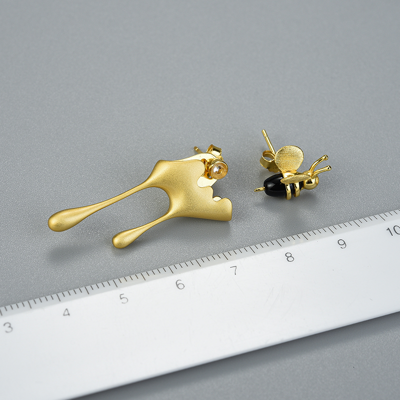 Stud Lotus Fun Real 925 Sterling Silver Handmade Fine Jewelry 18K Gold Bee and Dripping Honey Asymmetric Stud Earrings for Women Gift 230404